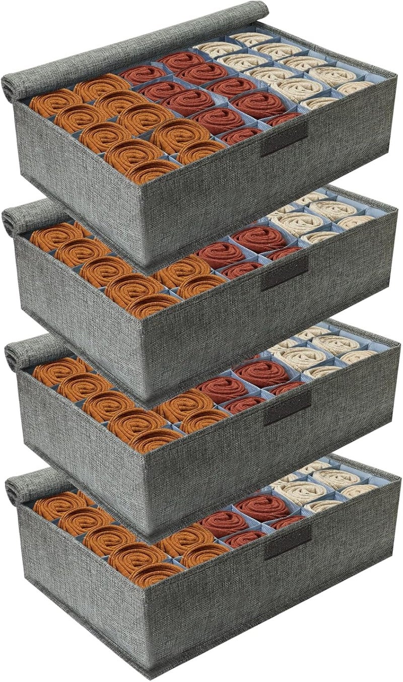 PINGMIC Gray Sock Organizer Divider 4 Pack with Lid - 30 Cell Foldable Closet Storage, Tie Organizer For Men Boxes for Socks, Ties, Belts - Image 1